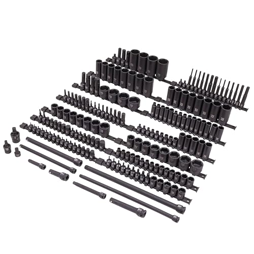 SUNEX 10181 3/8 & 1/2 Drive SAE & Metric 6 Point Standard & Deep with Star (E and Tamperproof) Triple Square & Hex Bit 181-Piece