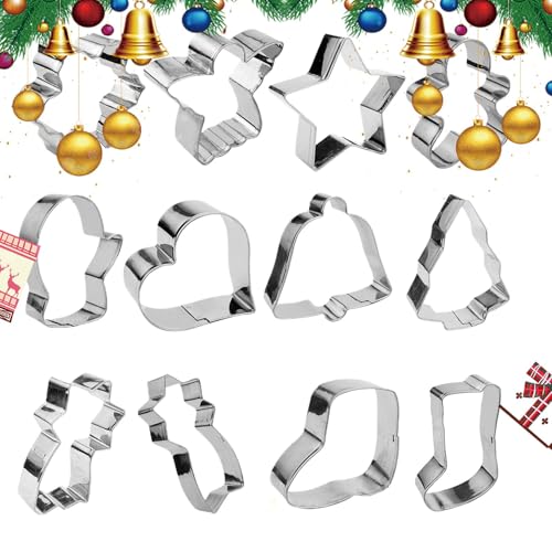 Juego de cortadores de galletas de Navidad, juego de 12 cortadores de dulces de acero inoxidable, moldes para hornear galletas para dulces