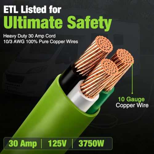 Image of Nilight 100FT 30 Amp RV Extension Cord 10 /3 Gauge Pure Copper TT-30P TT-30R | 125V Heavy Duty STW Wire UL ETL Listed 3 Prong TT-30P TT-30R Weatherproof Suit for Camper Caravan Trailer Bright Green