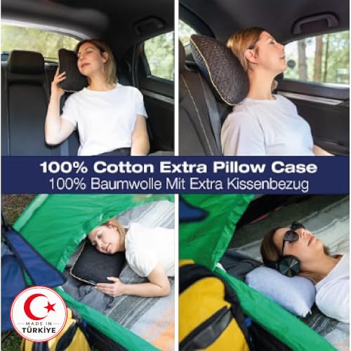 Image of alkamto Travel Pillow - Ergonomic Neck Support Memory Foam with Temperature-Regulating Pillowcase - Includes Extra Cotton Cover and Carry Bag (15,7 x 10,6 x 3,9 In - Black + Extra Cover)