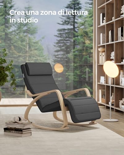 SONGMICS Sedia a Dondolo con Braccioli in Legno di Betulla, Poltrona a Dondolo con Poggiapiedi Regolabile in 5 Posizioni, Max Portata 150 kg, Soggiorno Cameretta, Grigio Scuro LYY10G - Immagine 4