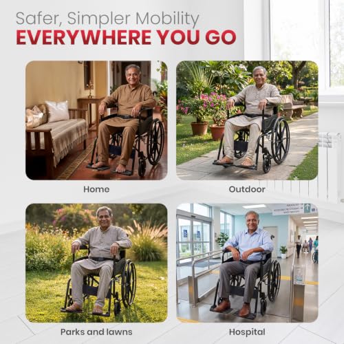Image of AGEasy (Max Group) Foldable Wheelchair with Safety Seat Belt, Padded Armrests, Footrest & Adjustable Calf Support, 100 kg Capacity | Self-Propelled & Attendant Use | Easy to Move for Indoor & Outdoor Use | Elderly & Patient Care