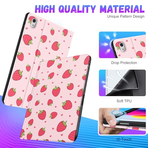 Pegmode for iPad 10th Generation Case 10.9 Inch Women Girls Cute Strawberry Folio Cover Girly Kawaii Pretty Design With Pencil Holder Smart Cover for Apple iPad 10th Gen Cases 2022 A2696 A2757 - Image 4