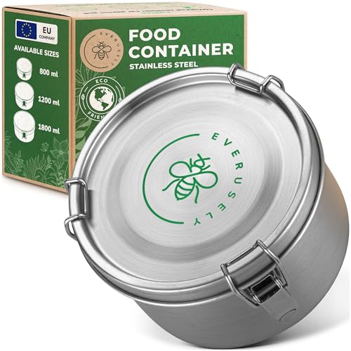 Everusely Edelstahl-Lebensmittelbehälter – 0,8 l Fassungsvermögen – Runde Lunchbox für Kinder und Erwachsene – Auslaufsicherer Snackbehälter mit Deckel – Wiederverwendbarer Organizer