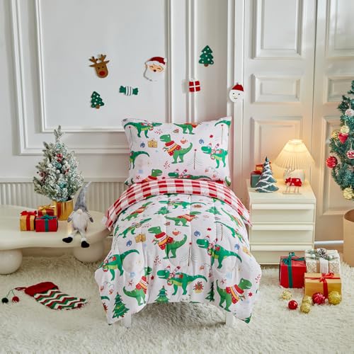 Image of Christmas Toddler Bedding Set for Boys Girls Green Dinosaur Colorful Holiday Toddler Bed Set - Soft Toddler White Bed in a Bag with Red Plaid Sheet Set and Pillow Shams