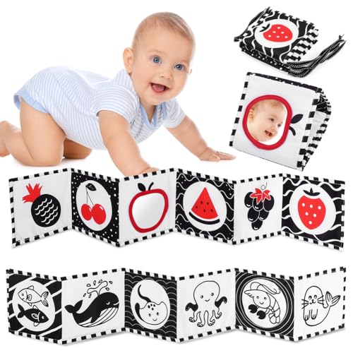 Vicloon Libros de Tela en Blanco y Negro,Animales Activity Libros Blandos con Espejo,Libros Blandos Juguetes para Bebés,Libros de Tela Suave para Bebés y Niños