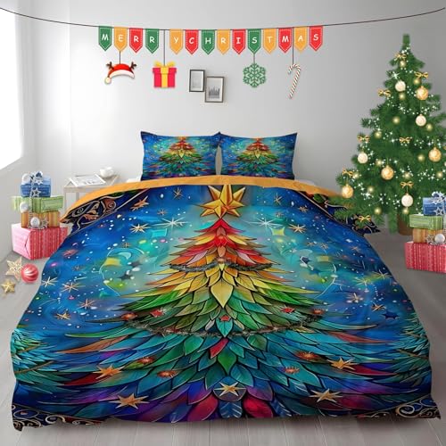 布団カバー クイーン クリスマスツリー|マイクロファイバー 掛け布団カバー 210x210 +枕カバー 2枚 3点セット|吸汗速乾・防静電気・洗濯耐久|肌ざわり最高 星のファンタジー なプリントデザイン PH503