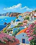 Nzhidey Paint by Numbers Kit for Adults- Santorini Adult Paint by Number Kits on Canvas, Landscape Painting with Numbers Craft for Home Decor Gift 16x20 in