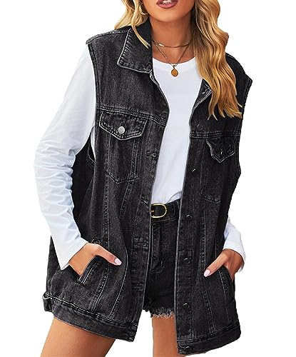 Image of PAODIKUAI Women's Oversized Denim Vest - Sleeveless Distressed Jean Vest with Pockets for Casual Layering