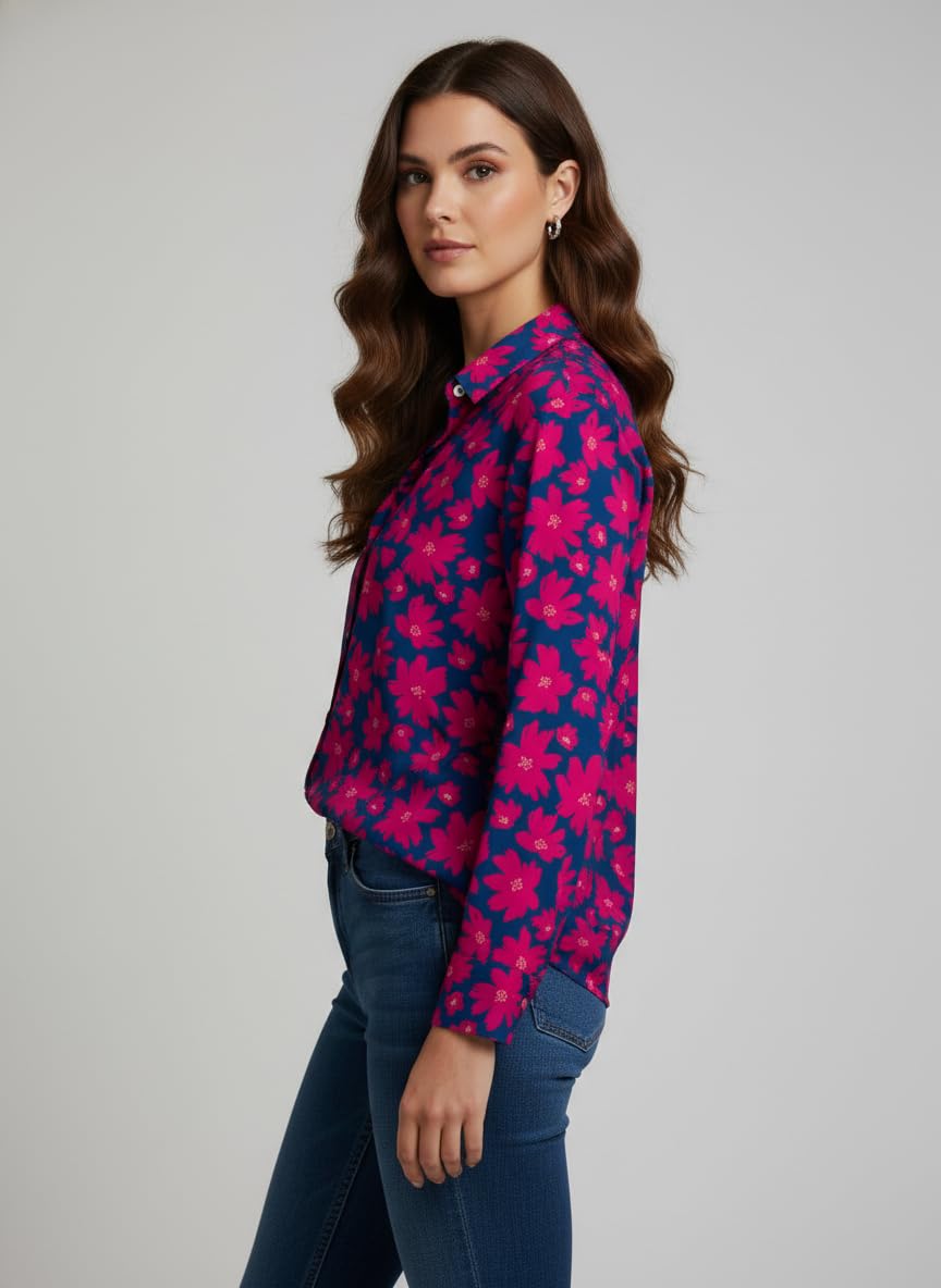 ANNI Designer Bedrucktes Damenhemd aus Baumwollmischgewebe, langärmelig, normale Passform, Hemdkragen, legere Bürokleidung, elegante Western-Kleidung für den Alltag, Hochzeit, Party