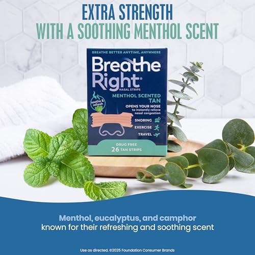 Breathe Right Extra Strength Nasal Strips, Menthol Scented, Drug Free, Less Snoring & Better Breathing from Nasal Congestion, Tan, 26 Count