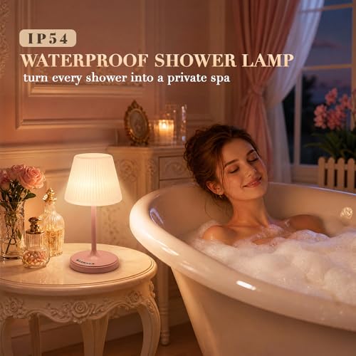 Image of Waterproof Shower Lamp, 4000mAh Cordless Table Lamp, 3-Color Dimmable -Pink | touch dimmable, weighted base, bathroom shower light, patio dinner, RV camping, charge your phones, memory night light