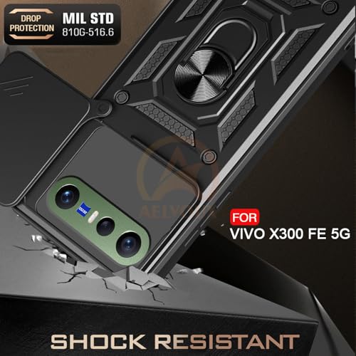 Image of Armor Bumper Back Cover Case for Vivo X300 FE 5G | Rotating Camera Cover, Ring Holder & Kickstand | Heavy Duty & 360 Degree Protection Back Cover (Black)