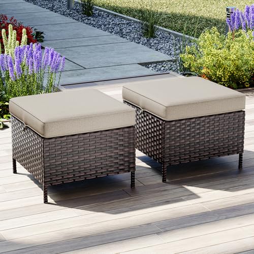 Joyside 2 Pieces Outdoor Patio Ottoman, All Weather Rattan Wicker Ottoman Seat, Patio Rattan Furniture, Outdoor Footrest Seat with Soft Cushion, Wicker Ottoman Seat for Patio, Garden, Poolside (Beige)