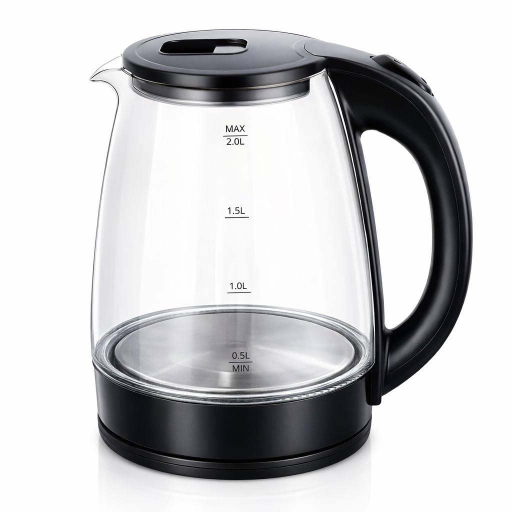Electric Glass Kettle 2 Littre With Stainless Steel Base, Fast Boiling, Auto Shut-Off, Boil Dry Protection, Transparent Water Level Indicator, BPA Free | Black-image-23