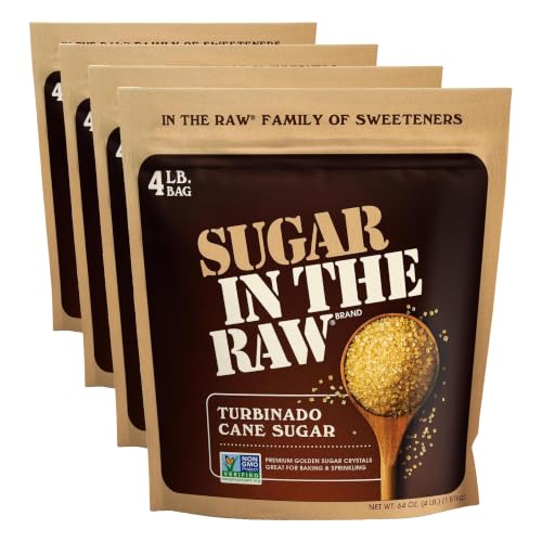 Image of Sugar In The Raw Granulated Turbinado Cane Sugar, No erythritol, Pure Natural Sweetener, Hot & Cold Drinks, Coffee, Cooking, Baking, Vegan, Gluten-Free, Non-GMO, Bulk-Sugar, 4lb Bag (Pack of 4)