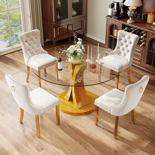 Image of 5-Piece Dining Table Set with 47In Tempered Glass Table and 4 Velvet Upholstered Chairs, Modern Scandinavian Furniture for Dining Room Kitchen(Beige&Gold)