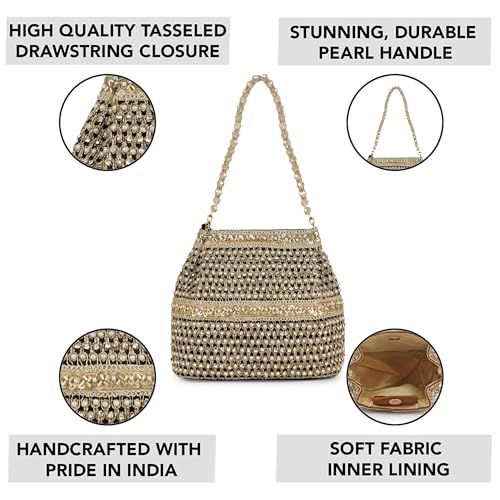 Image of Nevis Silk Fabric Premium Pearl & Crystal Embroidered Potli Bag for Women | Ethnic Bridal Clutch with Golden Handle | Party & Wedding | Potli Bag