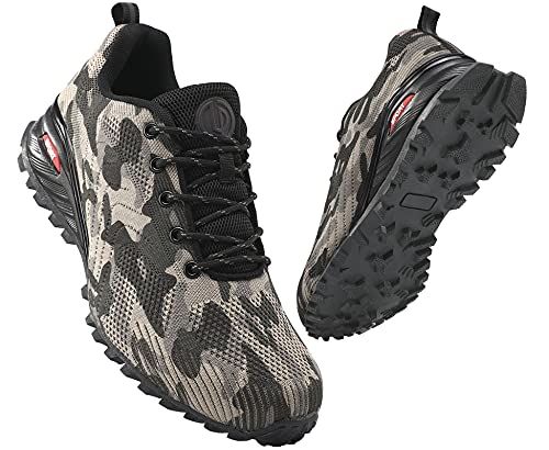 COOJOY Chaussures de course respirantes pour homme - Soutien de la voûte plantaire - Chaussures de marche, Vert kaki, 44 EU