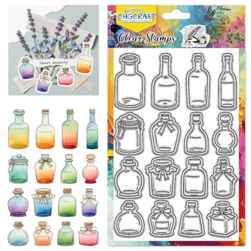 CHGCRAFT Various Bottle Style Clear Stamps Glass Bottle and Inkwell Silicone Stamp Seal for DIY Scrapbooking and Card Making Paper Craft Decor 6.3 × 4.3 Inch