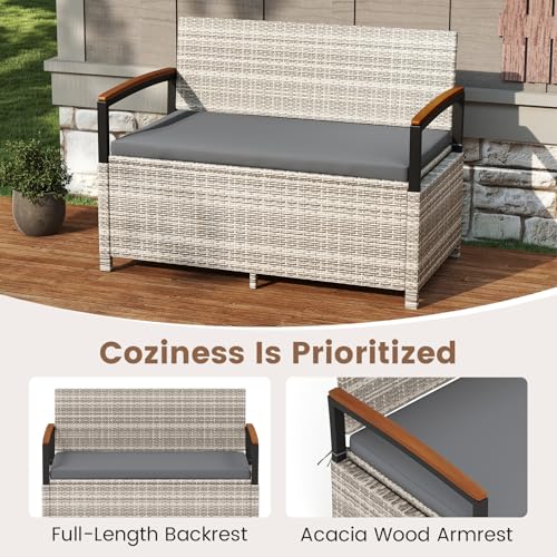 Image of Tangkula 46 Gallon Outdoor Bench with Storage, Outdoor PE Rattan Storage Bench with Cushion, Backrest & Acacia Wood Armrests, Metal Frame, Waterproof Deck Box Seat for Porch Backyard Poolside