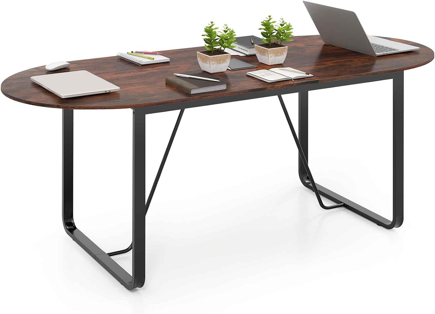 GOFLAME 71 Inches Executive Table, Oval Home Office Table with Cable Management Hole & Metal Frame, Seminar, Conference Table for 10 People, Large Business Furniture for Meeting Room