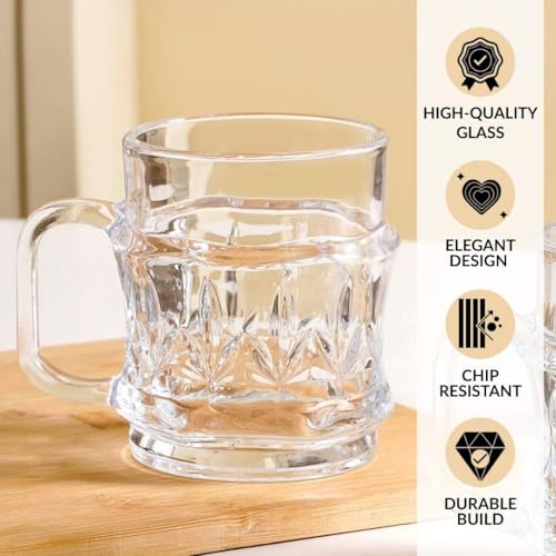 Image of Nestasia Transparent Glass Tea Cups Set of 6 (165ml Each) - Dishwasher Safe & 100% Food Safe Coffee Cups with Handle for Coffee, Tea, Hot & Cold Beverages | Vintage Cut Texture Design