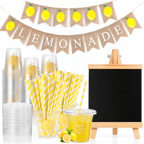 Jingmore 153 Pcs Lemonade Stand Supplies 50 12 oz Yellow Lemon Cups with Lids and Straws 2 Lemonade Banners Wooden Blackboard for Summer Lemon Birthday Baby Shower Party and Outdoor Decoration