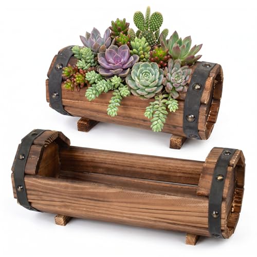 Image of DOITOOL Half Barrel Planters Outdoor, 2 Pack Rustic Solid Wood Flower Pots for Plants, Carbonized Wooden Whiskey Wine Barrel Planter Set for Garden Patio Porch Windowsill Decoration (Brown)