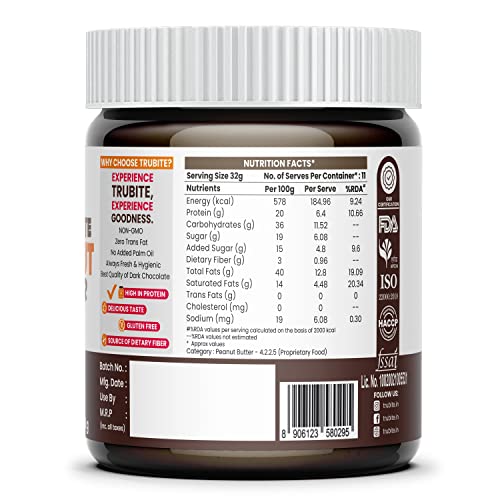 Image of Trubite Chocolate Peanut Butter (Creamy) (350g) | High in Protein | Goodness of Dark Chocolate | No Cholesterol | Rich in Antioxidant (350G)