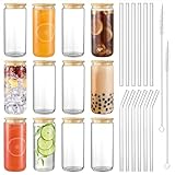 Glass Cups with Lids and Straws 20oz, 12psc Glass Drinking Set, Beer Can Cups with Bamboo Lids, Tumbler Cup with Straw for Ice Coffee, Cocktail, Whiskey, Soda Boba Tea -2 Cleaning Brushes.