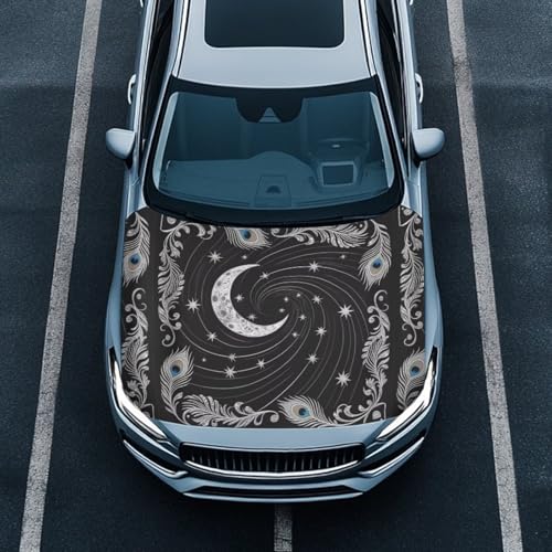 Image of Retro Peacock Moon Car Hood Cover, Nordic Style Classical Peacock Feather Elastic Auto Hood Protector Stretchable, Stars Moon Car Bonnet All-Season Protection Black