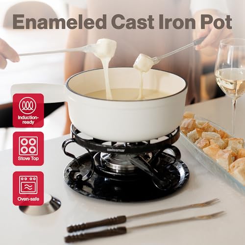 Image of Swissmar Lugano Cast Iron Cheese Fondue Set, 9-Piece, 2 QT / 2 L - Ideal for Melting Cheese, Chocolates, Caramel, & More - Perfect for Kitchen Collection & Gift Giving - Matte White
