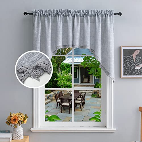 Beda Home Tassel Linen Textured Swag Curtain Valance For Farmhouses’ Kitchen; Light Filtering Rustic Short Swag Topper For Small Windows Bedroom Privacy Added Rod Pocket Design(Grey 36X36-2Pcs) #TOP16