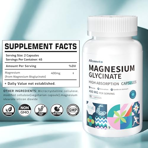 Image of Magnesium Glycinate 400 MG per Serving 100% Chelated for High Absorption, Gentle On Stomach, Non-GMO, 90 Vegetarian Capsules