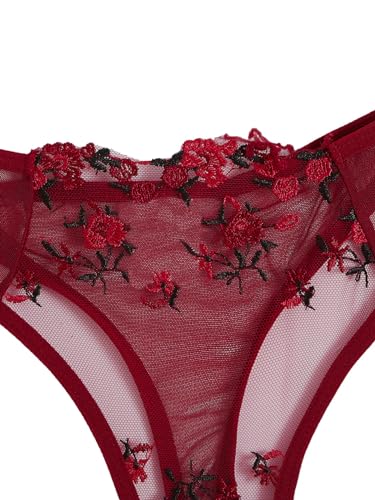 ROSVAJFY Women's Sexy Lingerie Set with Floral Embroidery, Mesh Push Up Underwear Set 2 Pieces, Underwire Bra and Panties Set Elegent Lingerie with Adjustable Spaghetti Straps (Burgundy, M) - Image 9