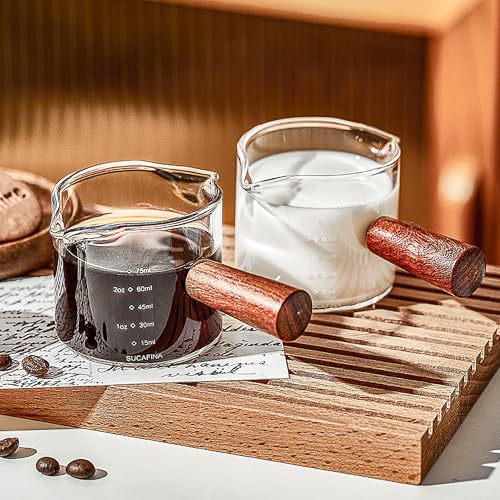 SYXLS 2 peças copo de medição duplo com cabo de madeira, copo medidor expresso, copo de vidro com duplo para café com escala resistente à temperatura, com alça de derrame