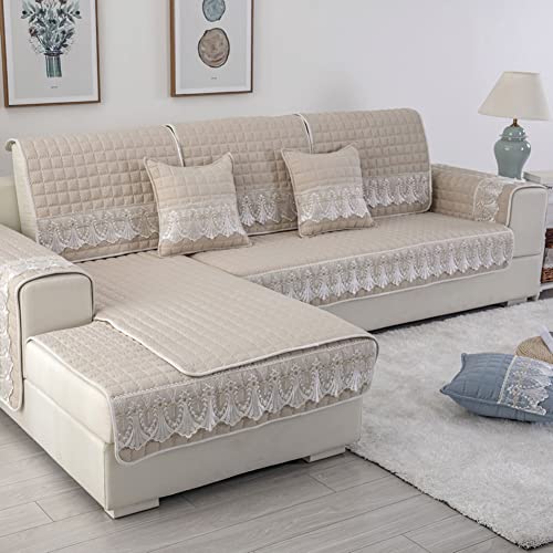 vctops Farmhouse Solid Color Sofa Slipcover Non Slip L Shape Sofa Cover Lace Trim Plaid Quilted Sectional Couch Cover Furniture Protector Cover for Pets Kids Children Dog Cat (Beige,43"x43")