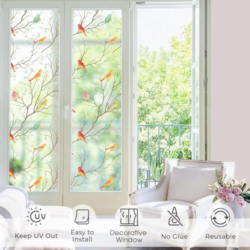 Image of WOO Home Frosted Glass Window Film & Stickers (12 X 84 Inchs) Privacy Window Cover for Home & Office - Easy Apply, UV Protection, Removable Decorative Film (Multi Colour Bird 1 X 7 SQFT)
