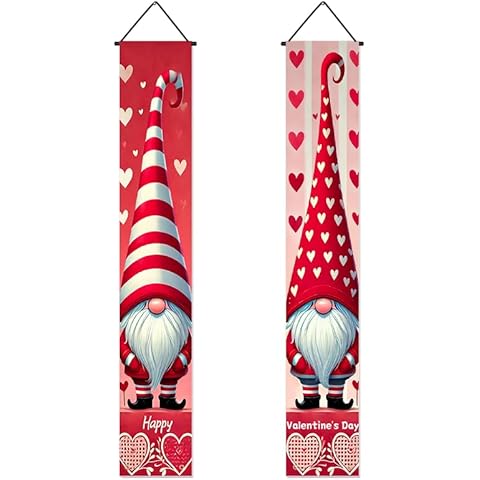 BlissYard 2 Pcs Happy Valentine's Day Porch Sign Banner Gnome Valentine Day 71x12 Inch Gnome Valentine Day Hanging Front Porch Anniversary Wedding Holiday Valentines Day Banner Party Supplies Decor Cover