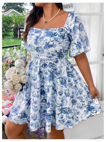 WDIRARA Women's Plus Size Floral Bubble Puff Sleeve Dress Square Neck Holiday A Line Short Dresses3