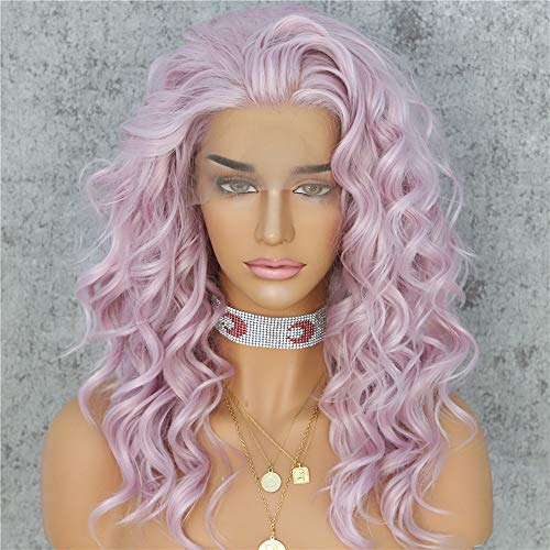 WIGODDESS Purple Curly Lace Front Wig , Daily Makeup Party Wig Perruque Heat Resistant Hair 16 inch Light Purple Synthetic Lace Front Wig Body Curly Lace Front Wig For Women