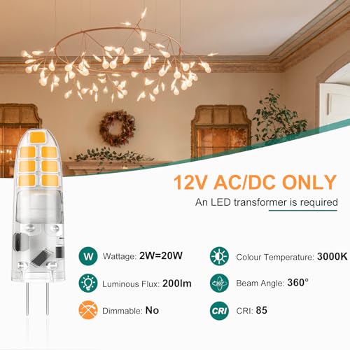 DiCUNO G4 LED Warmweiß, 2W LED Leuchtmittel ersetzt 20W Halogen, G4 Birne 3000K, 200lm, 360°, Kein Flackern, nicht dimmbar, Stiftsockellampe 12V AC/DC, Unterbauleuchten, Dunstabzug, 10er Pack 2