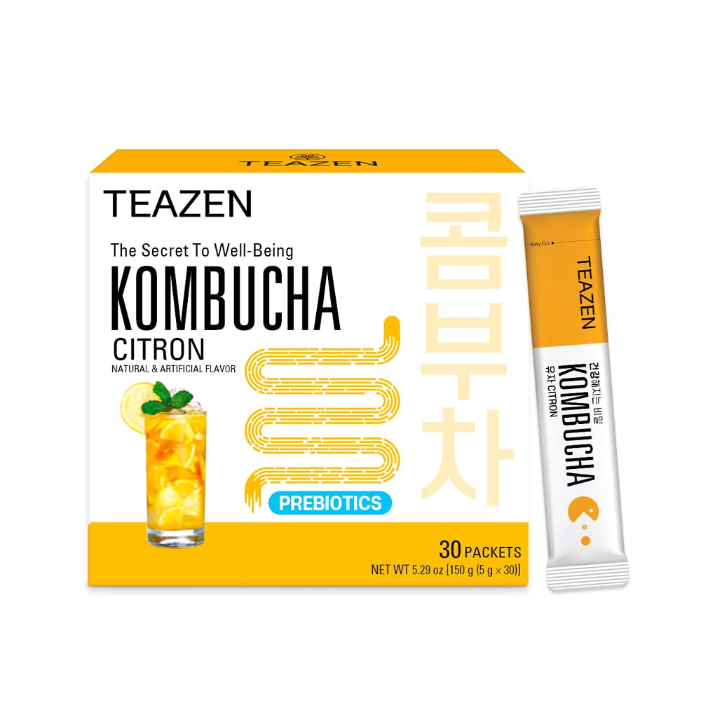 TEAZEN Citron Kombucha Tea, Hydration Drink Mix, Sugar Free, Live Probiotics & Prebiotics, 30 Sticks, 5.29oz