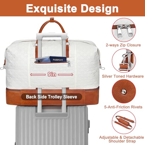 Image of Travel Weekender Bag for Women, Overnight Bag with Shoe Compartment, Oversized Travel Duffel Bag Carry On Tote with Trolley Sleeve 21 inch for Weekend Travel Business Trip, White Houndstooth 3pcs, Large