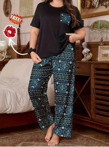 Image of Celary Women's Cotton Blend Printed Night Suit Set||Soft & Breathable Short Sleeve Top & Ethnic Print Pyjama Set||Also Available in Plus Size||Korean Night Suit||Comfortable Home Wear & Sleepwear