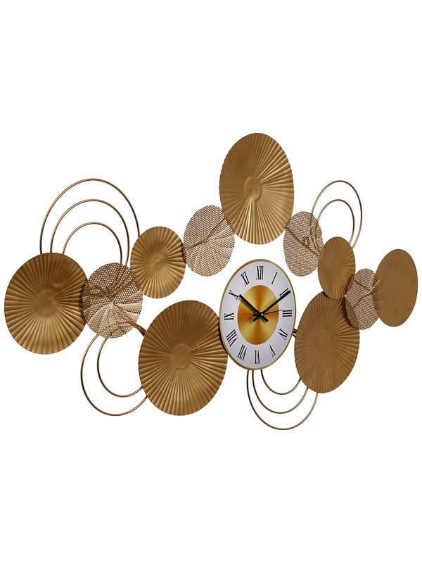 Image of CHRONIKLE Stylish Round Rings Design Horizontal Wall Art Metal Roman Numbers Wall Clock for Living Room Home Decor Office Gifts (Size: 129 x 1 x 69 CM | Weight: 2960 Gram | Color: Golden)