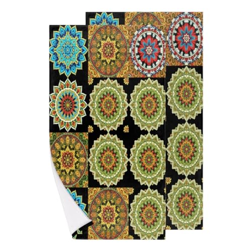 Chintiz Juego de 2 toallas de mano, diseño de azulejos de mandala, altamente absorbentes, suaves, para baño, baño, cocina, dormitorio, hotel, spa, granja, té de invitados
