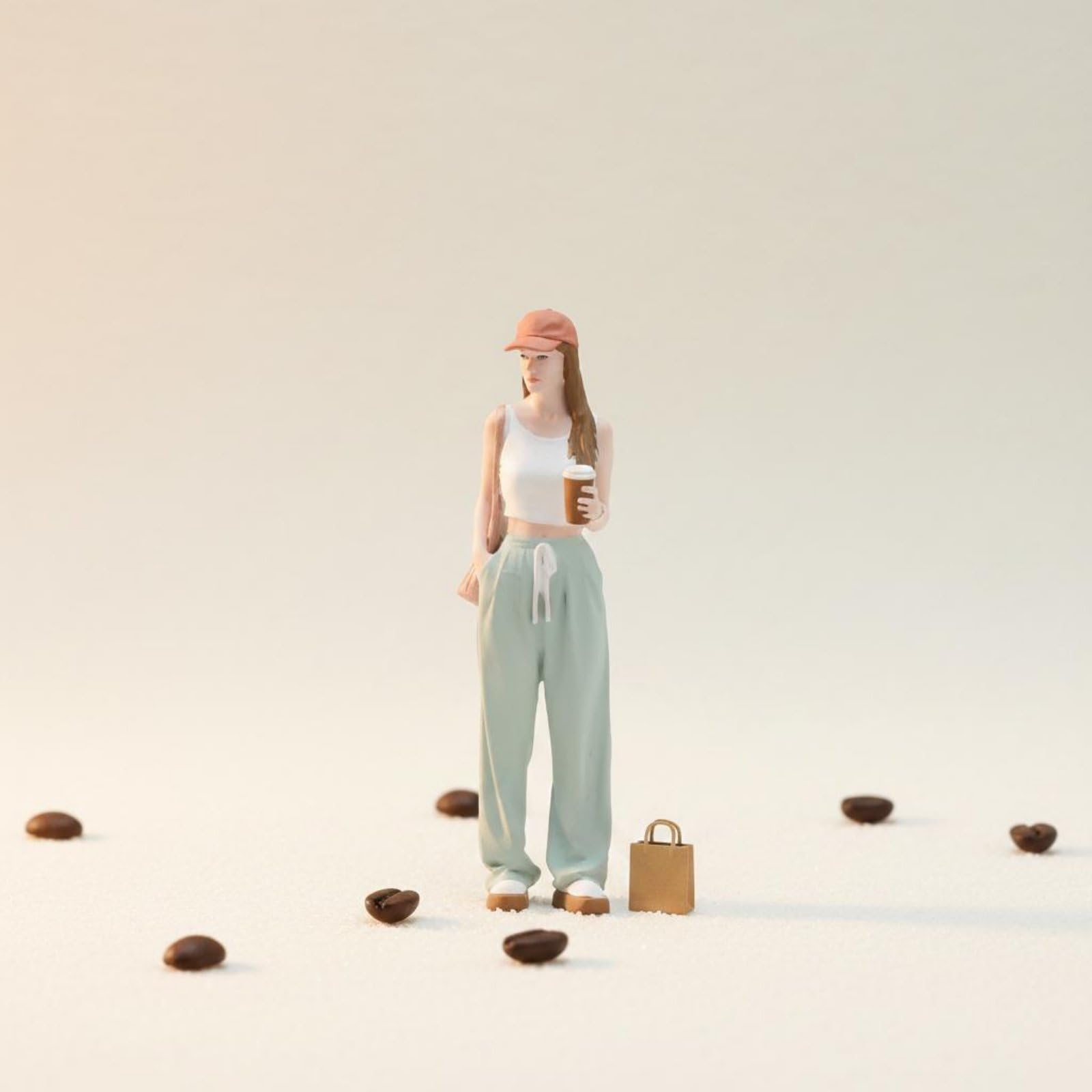 Miniatura Dipinta Figura Collezione Personaggio Femminile Statuina Resina Finitura Realistica Abbigliamento Casual con Tazza Adatta a Diorami, Moderna, Realistica, Miniatura-A