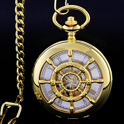 Image of Men's Mechanical Hollow Design Hand Wind Pocket Watch Roman Numerals Steampunk with Chain Box